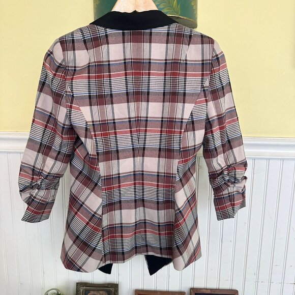 Vero Moda Womens Plaid Blazer Jacket With Ruched Sleeves Button Closure & Black - Picture 2 of 9